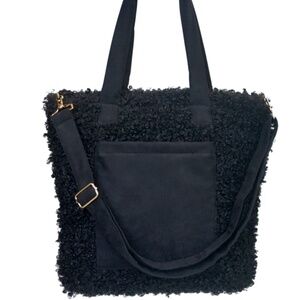 Faux  Curly Fur Tote w/ Laptop Sleeve & Removable Strap - Black